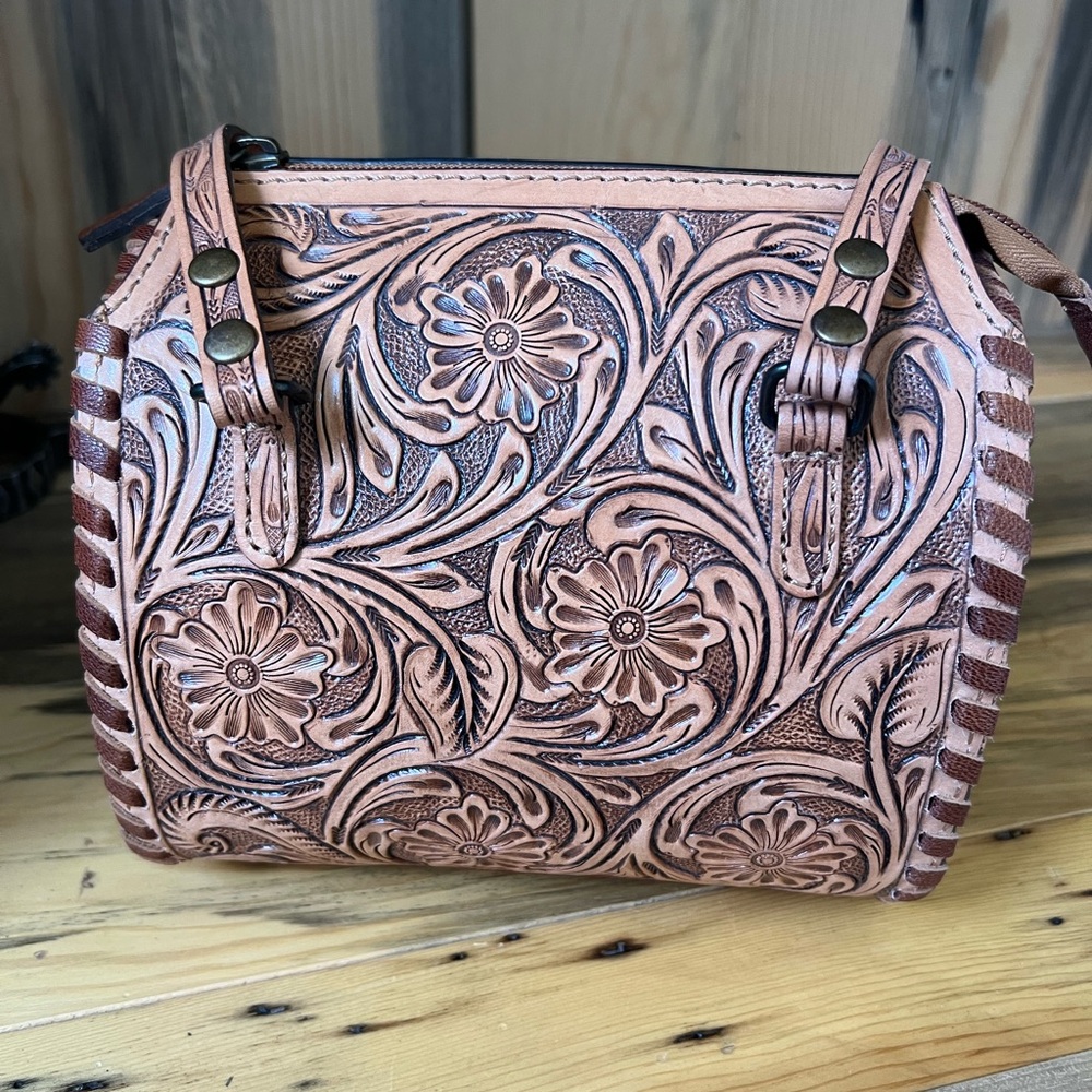 NEW Floral Tooled Tan Leather Speedy Hand bag